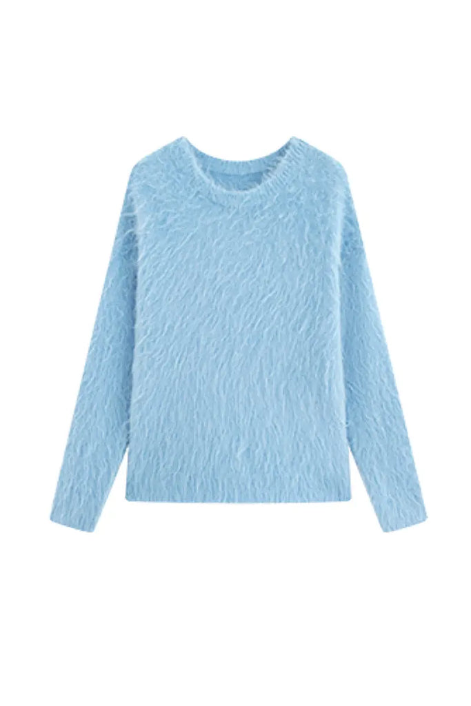 Luxe Colorful Cable Knit Brushed Alpaca Fuzzy Crewneck Sweater - Fibflx