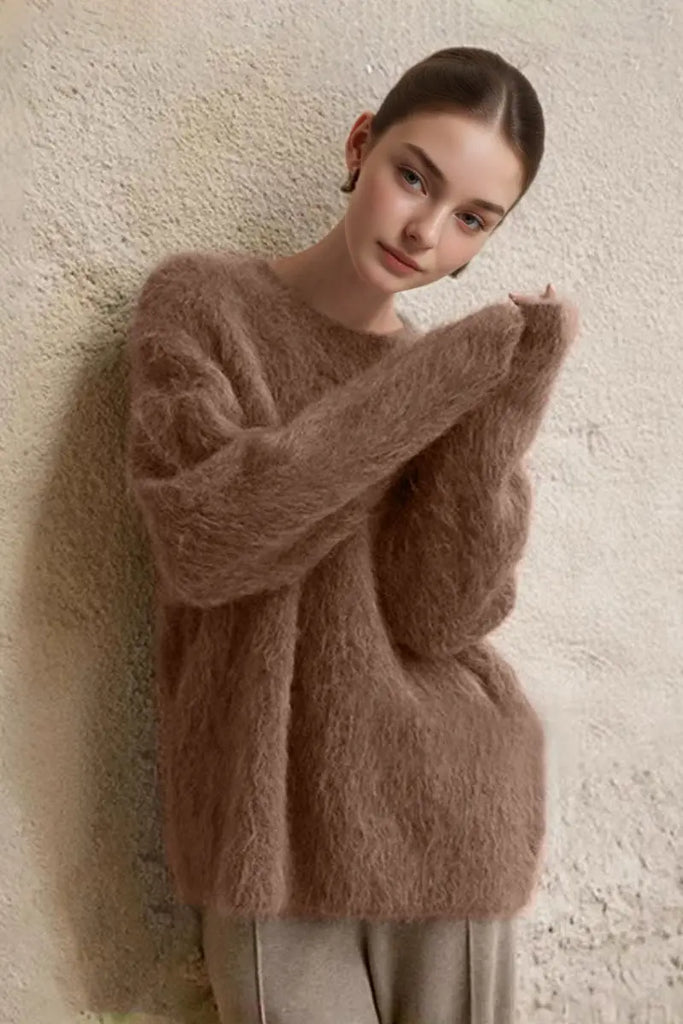 Luxe Colorful Cable Knit Brushed Alpaca Fuzzy Crewneck Sweater - Fibflx