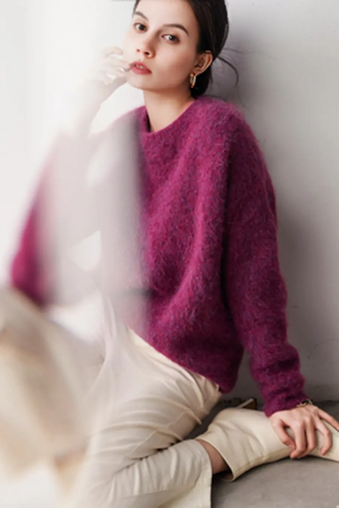 Fibflx Women's Luxe Colorful Cable Knit Brushed Alpaca Fuzzy Crewneck Sweater