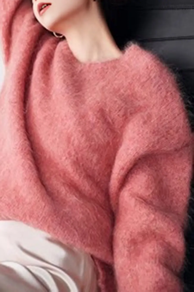 Fibflx Women's Luxe Colorful Cable Knit Brushed Alpaca Fuzzy Crewneck Sweater