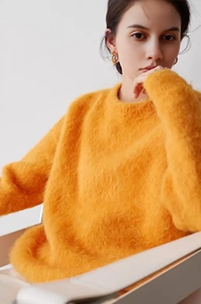 Fibflx Women's Luxe Colorful Cable Knit Brushed Alpaca Fuzzy Crewneck Sweater