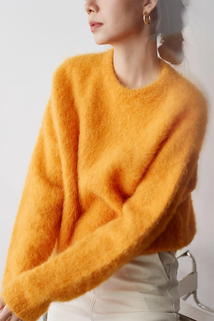 Fibflx Women's Luxe Colorful Cable Knit Brushed Alpaca Fuzzy Crewneck Sweater