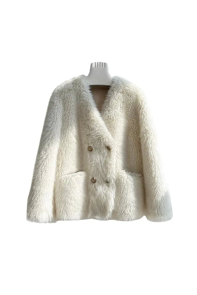 Fibflx Women's Luxe Cropped Collarless Faux Fur Jacket