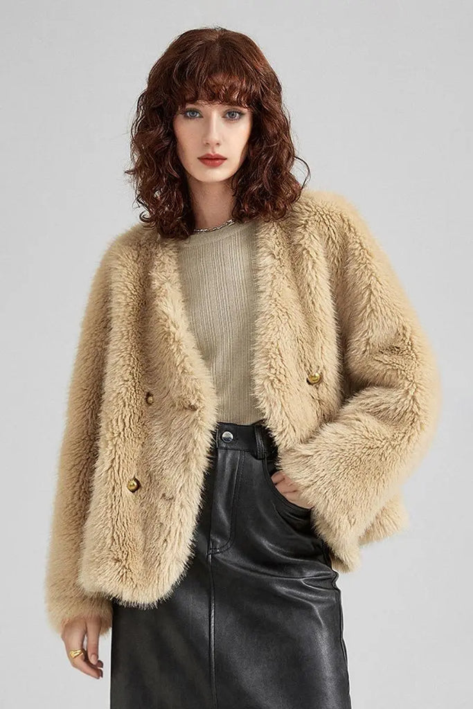 Fibflx Women's Luxe Cropped Collarless Faux Fur Jacket