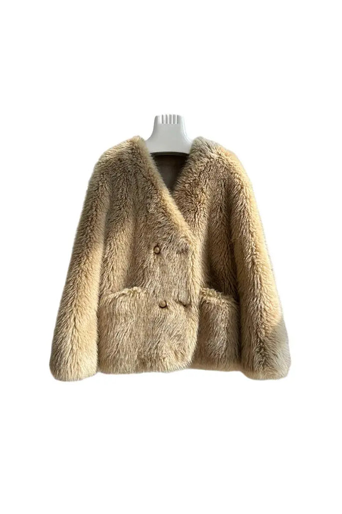 Fibflx Women's Luxe Cropped Collarless Faux Fur Jacket