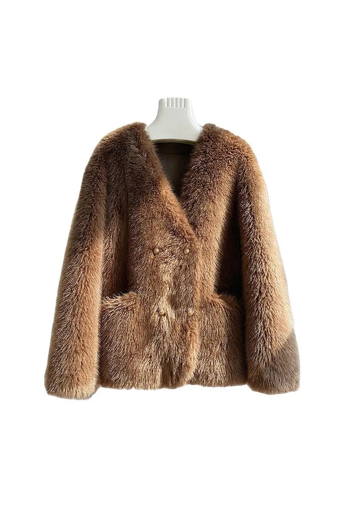 Fibflx Women's Luxe Cropped Collarless Faux Fur Jacket