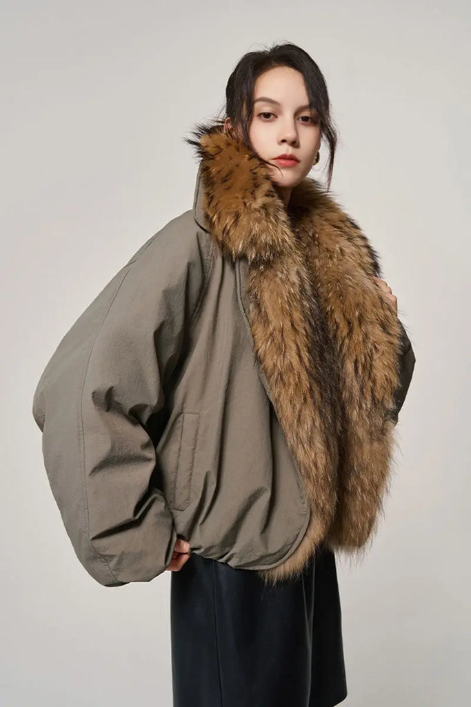 Fibflx Women's Luxe Goose Down Puffer Jacket Genuine Raccoon Fur Collar