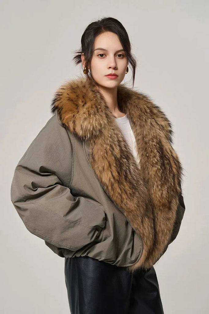 Fibflx Women's Luxe Goose Down Puffer Jacket Genuine Raccoon Fur Collar