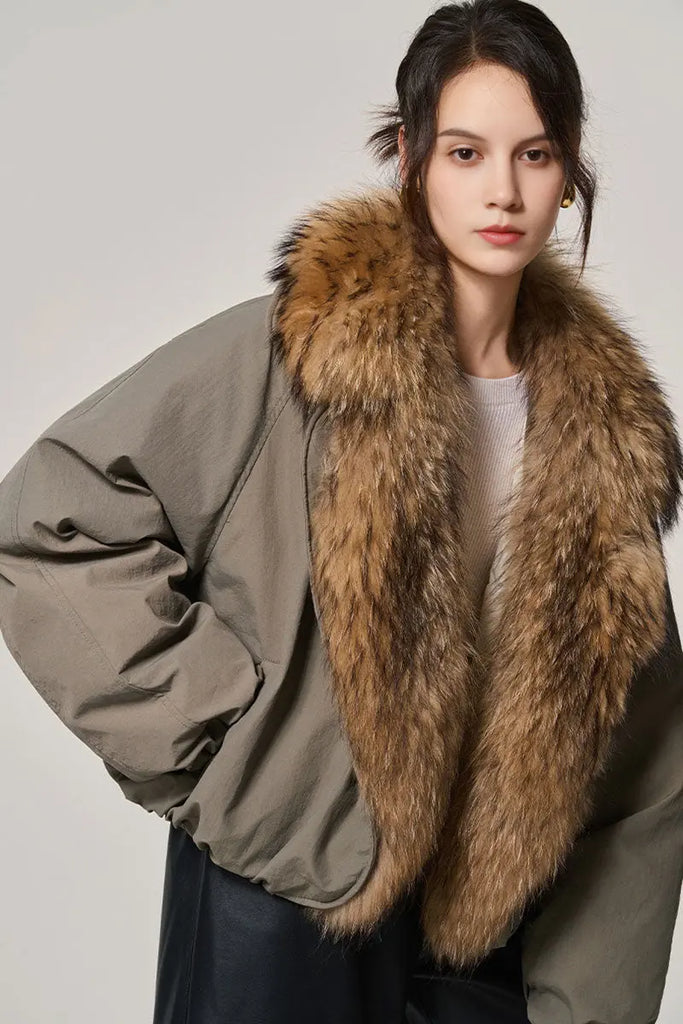 Fibflx Women's Luxe Goose Down Puffer Jacket Genuine Raccoon Fur Collar