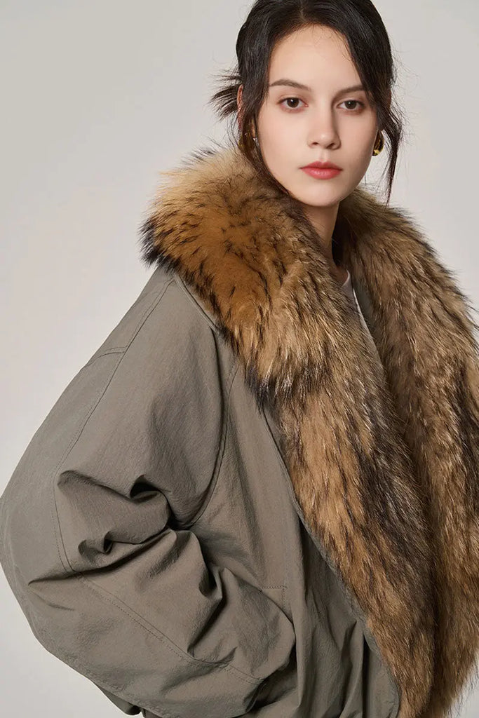 Fibflx Women's Luxe Goose Down Puffer Jacket Genuine Raccoon Fur Collar