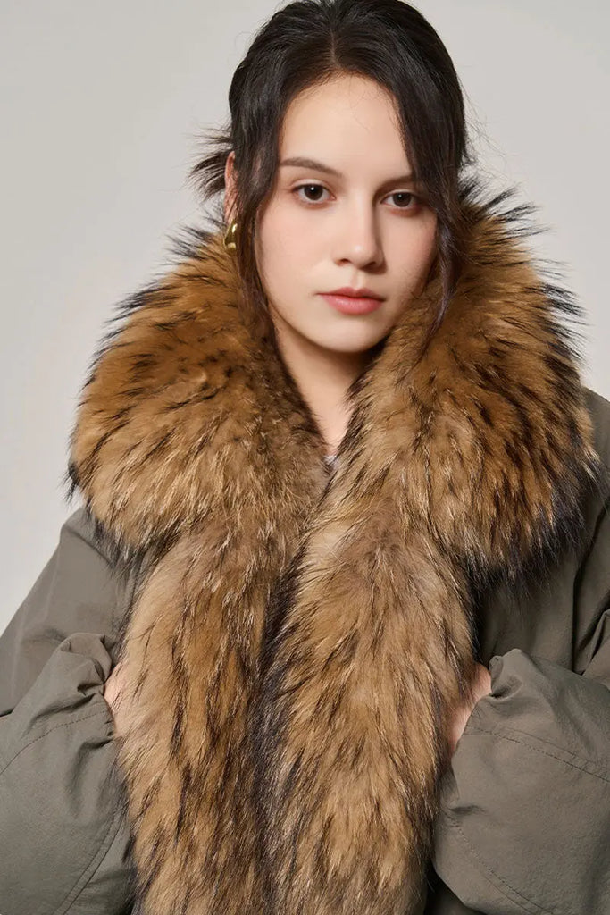 Fibflx Women's Luxe Goose Down Puffer Jacket Genuine Raccoon Fur Collar