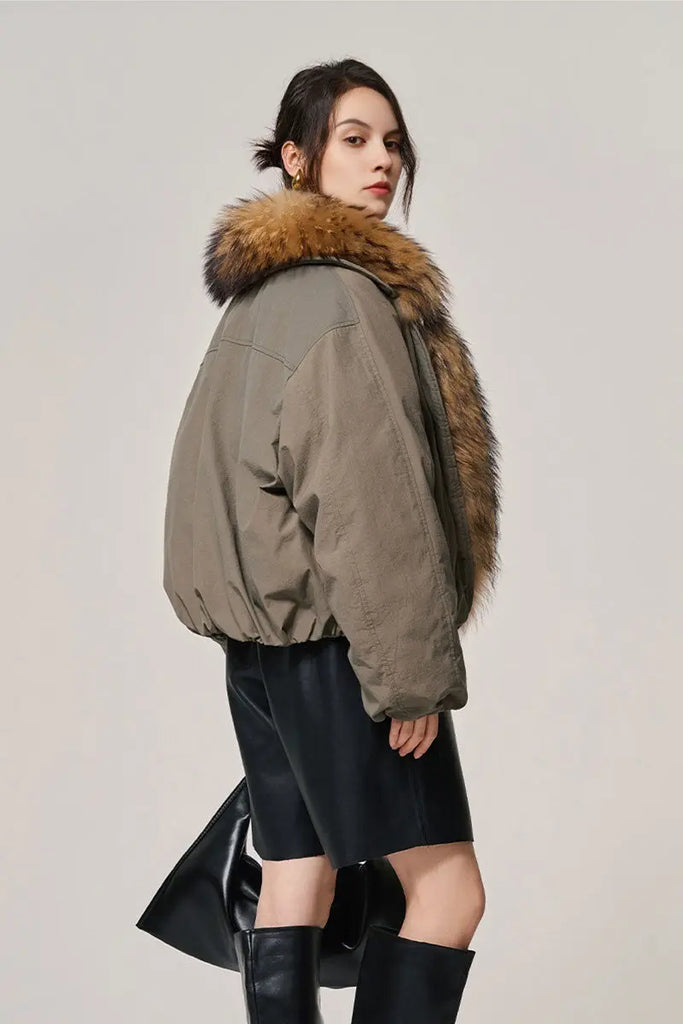Fibflx Women's Luxe Goose Down Puffer Jacket Genuine Raccoon Fur Collar