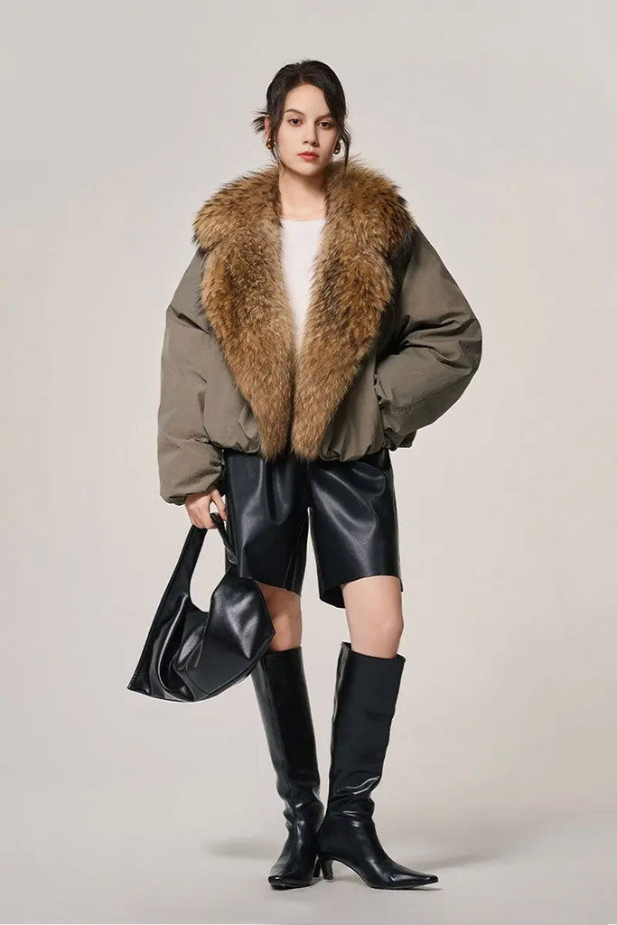 Fibflx Women's Luxe Goose Down Puffer Jacket Genuine Raccoon Fur Collar
