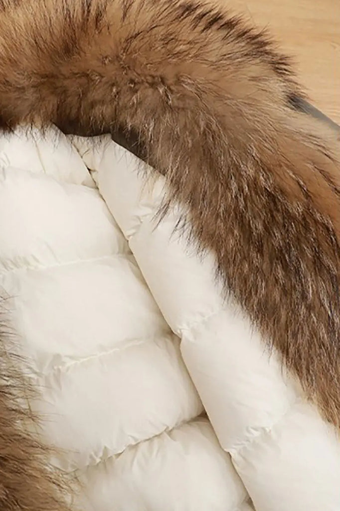 Fibflx Women's Luxe Goose Down Puffer Jacket Genuine Raccoon Fur Collar