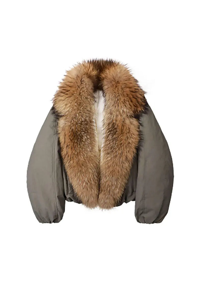 Fibflx Women's Luxe Goose Down Puffer Jacket Genuine Raccoon Fur Collar