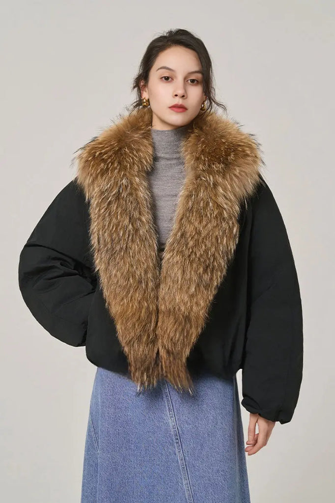 Fibflx Women's Luxe Goose Down Puffer Jacket Genuine Raccoon Fur Collar