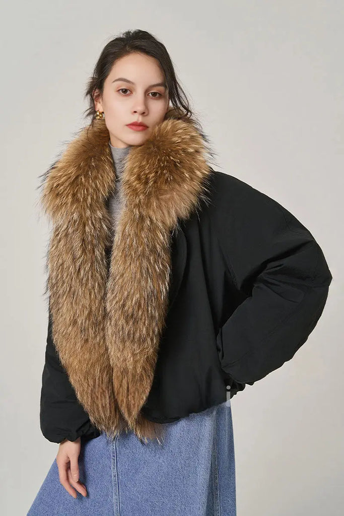 Fibflx Women's Luxe Goose Down Puffer Jacket Genuine Raccoon Fur Collar