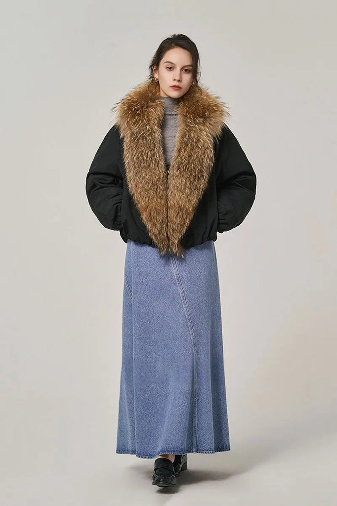 Fibflx Women's Luxe Goose Down Puffer Jacket Genuine Raccoon Fur Collar