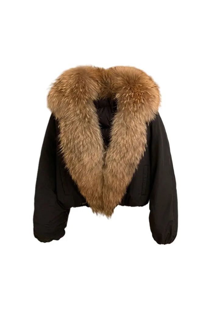 Fibflx Women's Luxe Goose Down Puffer Jacket Genuine Raccoon Fur Collar