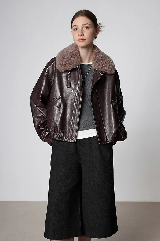 Fibflx Women's Luxe Lambskin Leather Camel Puffer Bomber Jacket with Fur Collar