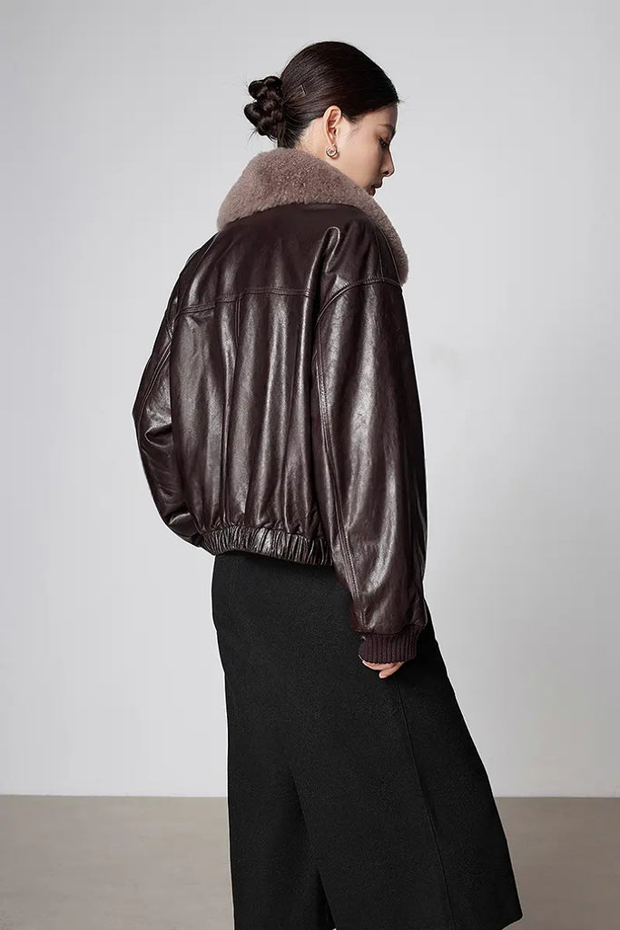 Fibflx Women's Luxe Lambskin Leather Camel Puffer Bomber Jacket with Fur Collar