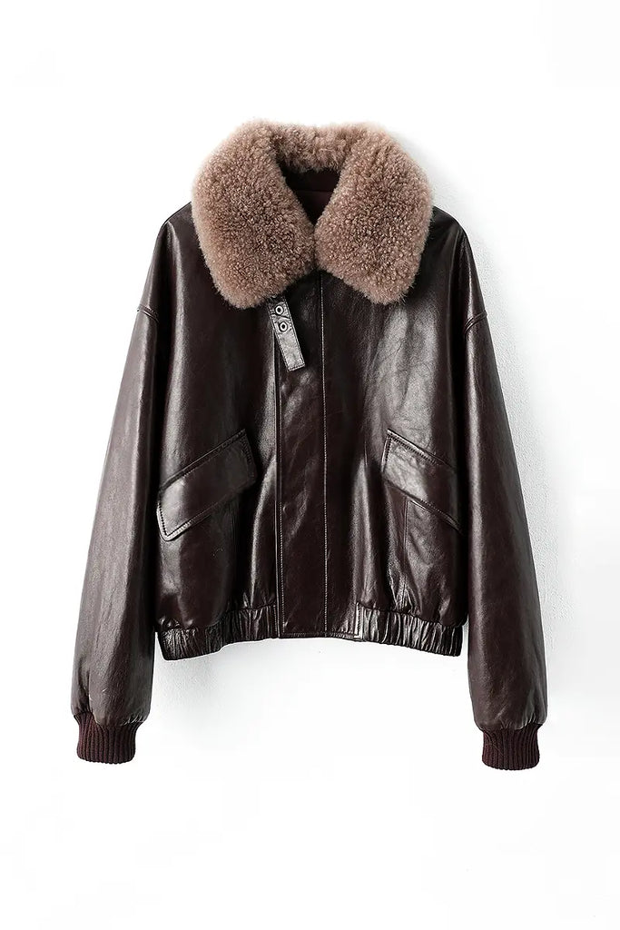 Fibflx Women's Luxe Lambskin Leather Camel Puffer Bomber Jacket with Fur Collar