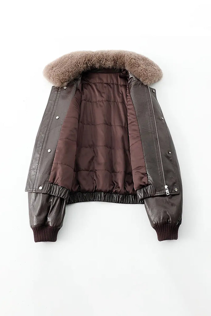 Fibflx Women's Luxe Lambskin Leather Camel Puffer Bomber Jacket with Fur Collar