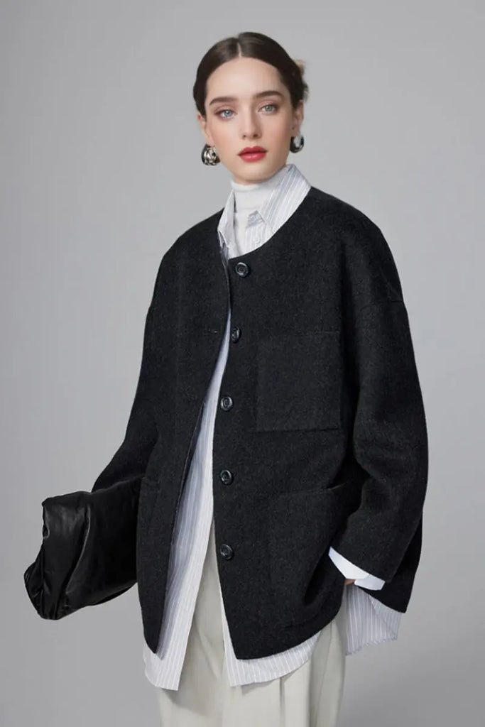 Fibflx Women's Luxe Oversized Reversible Double Faced Silk Wool Coat