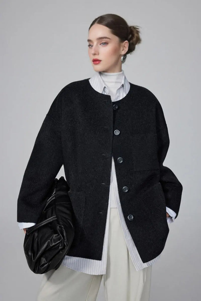 Fibflx Women's Luxe Oversized Reversible Double Faced Silk Wool Coat