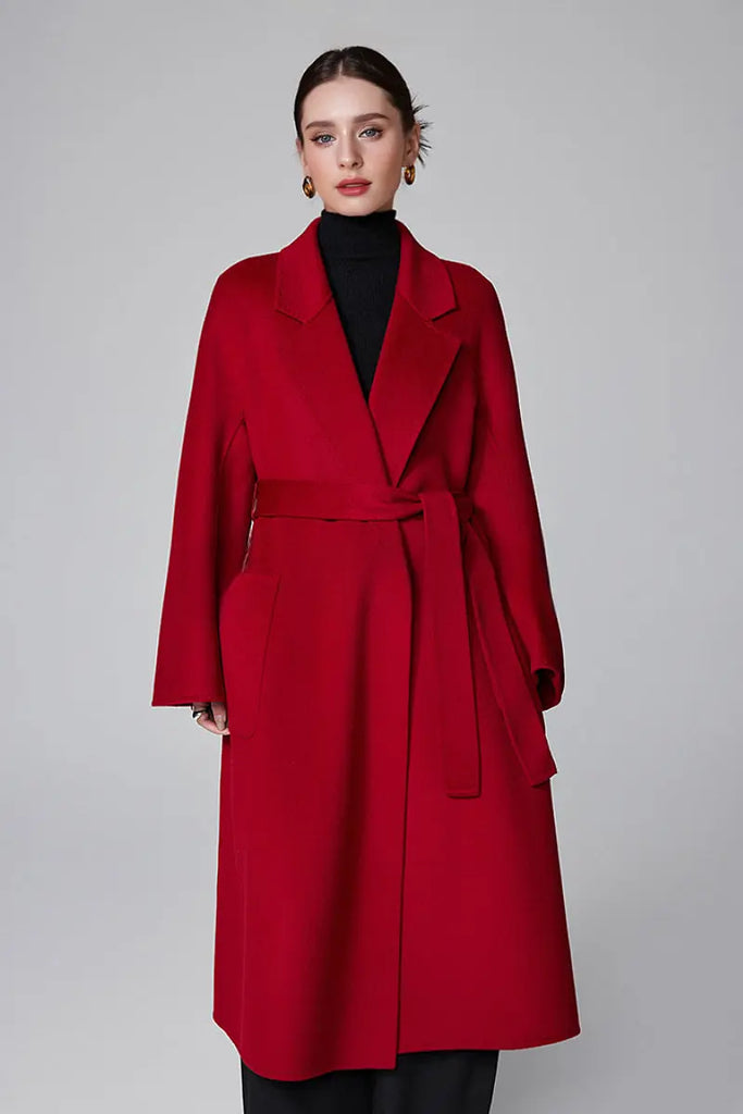 Fibflx Women's Luxe Wool-Cashmere Blend Double-Faced Wrap Coat with Belt