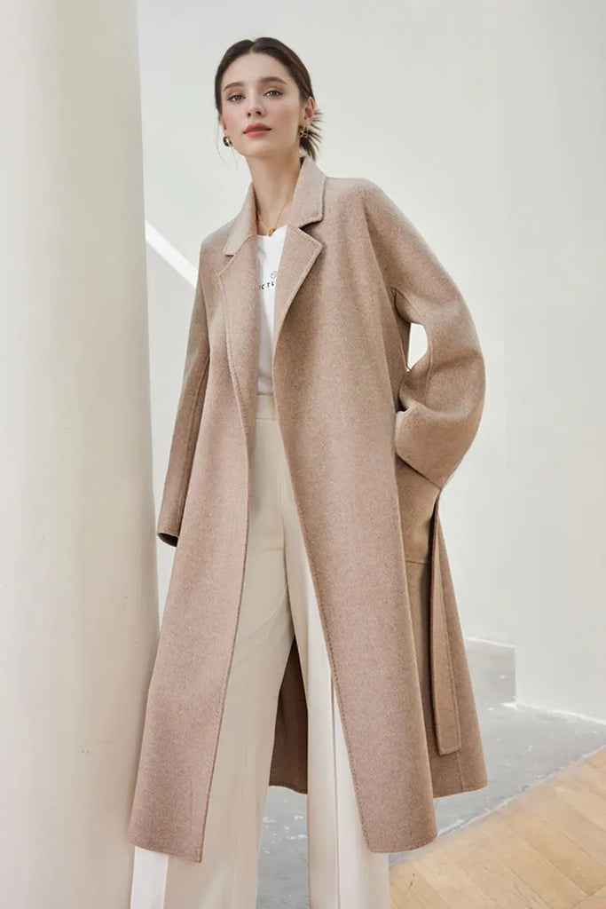 Fibflx Women's Luxe Wool-Cashmere Blend Double-Faced Wrap Coat with Belt