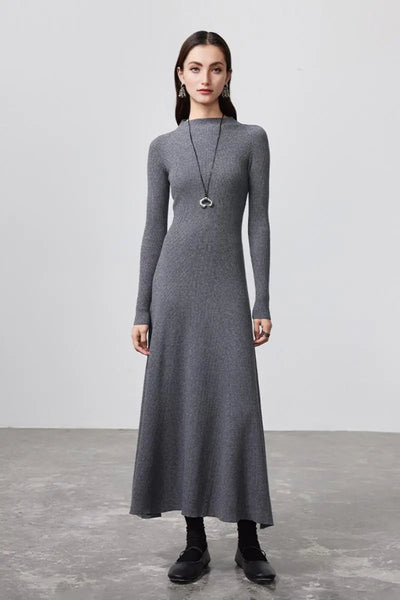 fit and flare midi sweater dress Machine Washable Merino Wool Fit & Flare Midi Sweater Dress with Belt M / Still Grey / 50% Merino Wool 50% Organic Cotton
