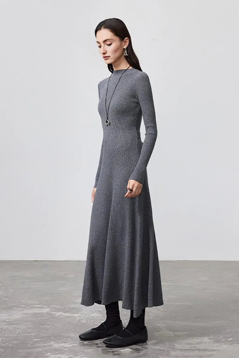 fit and flare midi sweater dress Grtresynmh Women's Pleated Knit Dress Long Sleeve Mock Neck Beige