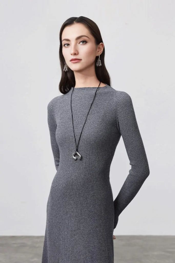 Fibflx Women's Machine Washable Merino Wool Fit & Flare Midi Sweater Dress with Belt