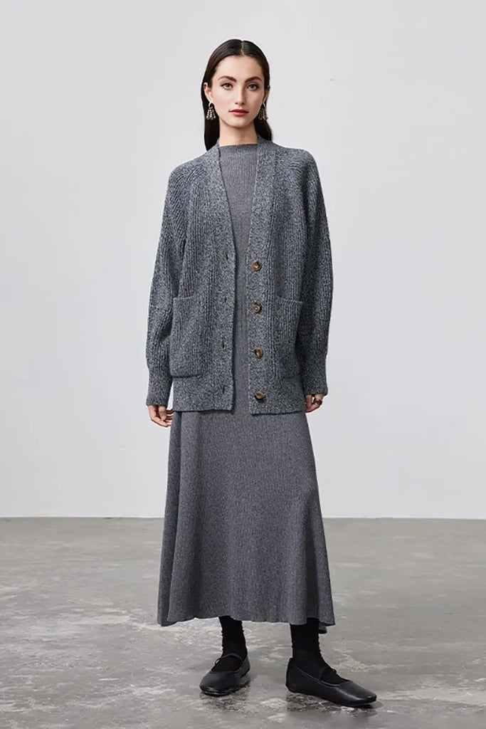 Fibflx Women's Machine Washable Merino Wool Fit & Flare Midi Sweater Dress with Belt