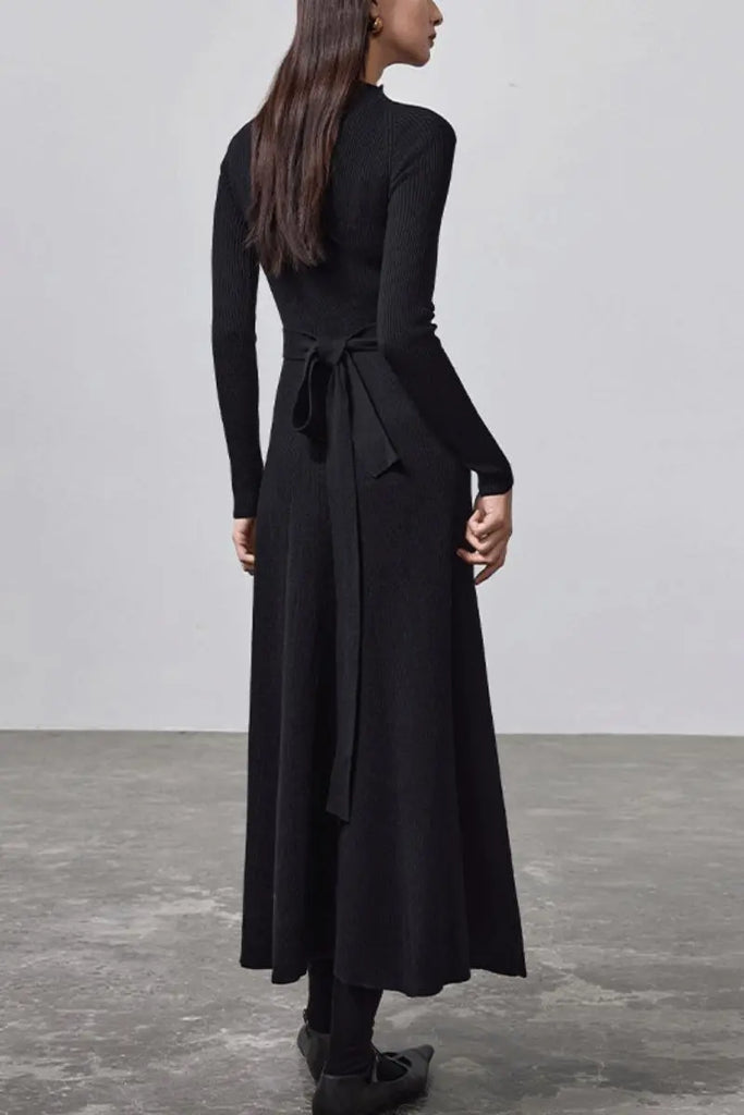 Fibflx Women's Machine Washable Merino Wool Fit & Flare Midi Sweater Dress with Belt