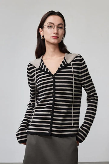 Fibflx Women's Machine Washable Merino Wool Striped Hooded Cardigan