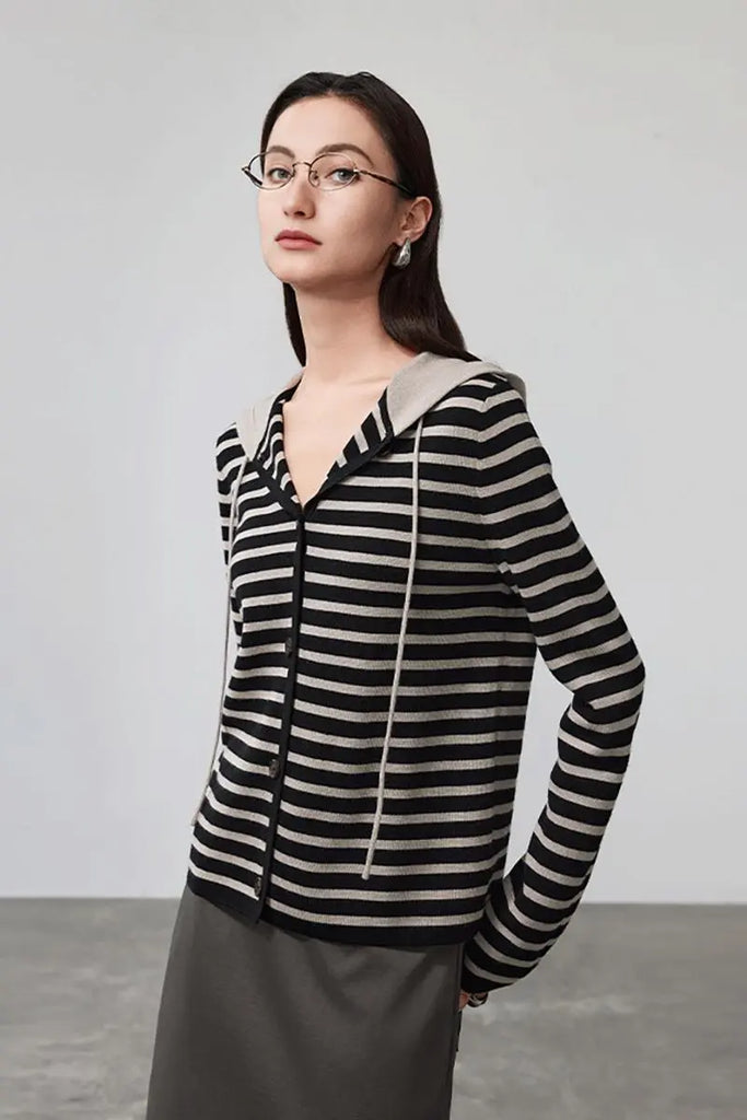 Fibflx Women's Machine Washable Merino Wool Striped Hooded Cardigan