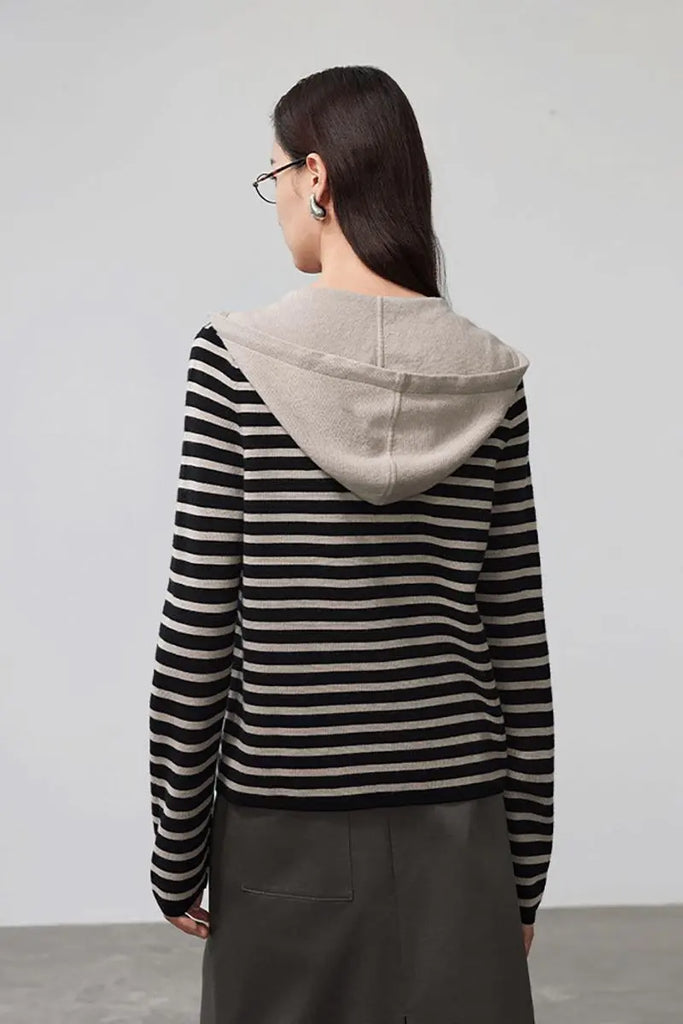 Fibflx Women's Machine Washable Merino Wool Striped Hooded Cardigan