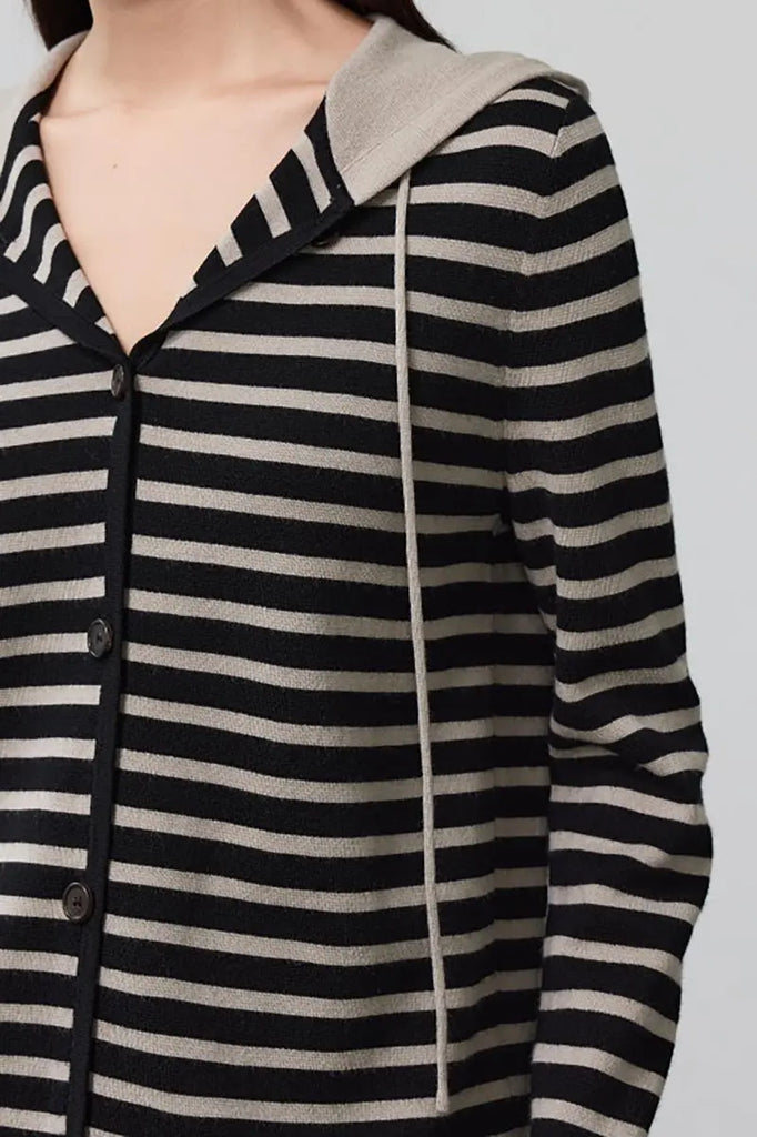 Fibflx Women's Machine Washable Merino Wool Striped Hooded Cardigan