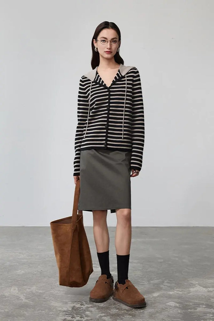 Fibflx Women's Machine Washable Merino Wool Striped Hooded Cardigan