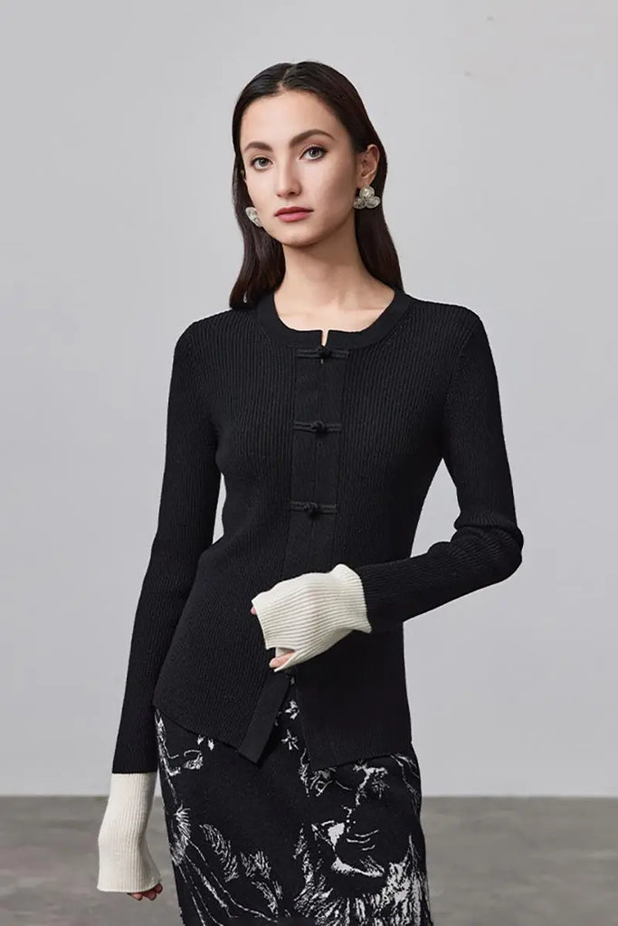 Fibflx Women's Mandarin Inspired Merino Wool Crew Neck Cardigan