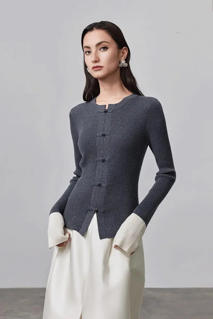 Fibflx Women's Mandarin Inspired Merino Wool Crew Neck Cardigan