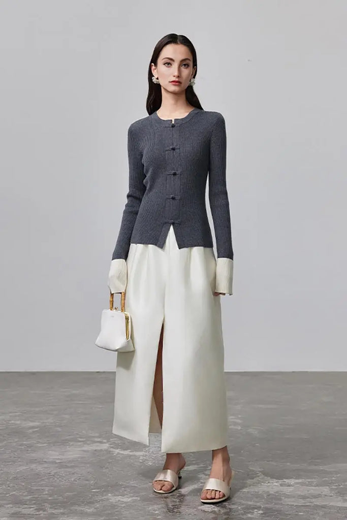 Fibflx Women's Mandarin Inspired Merino Wool Crew Neck Cardigan