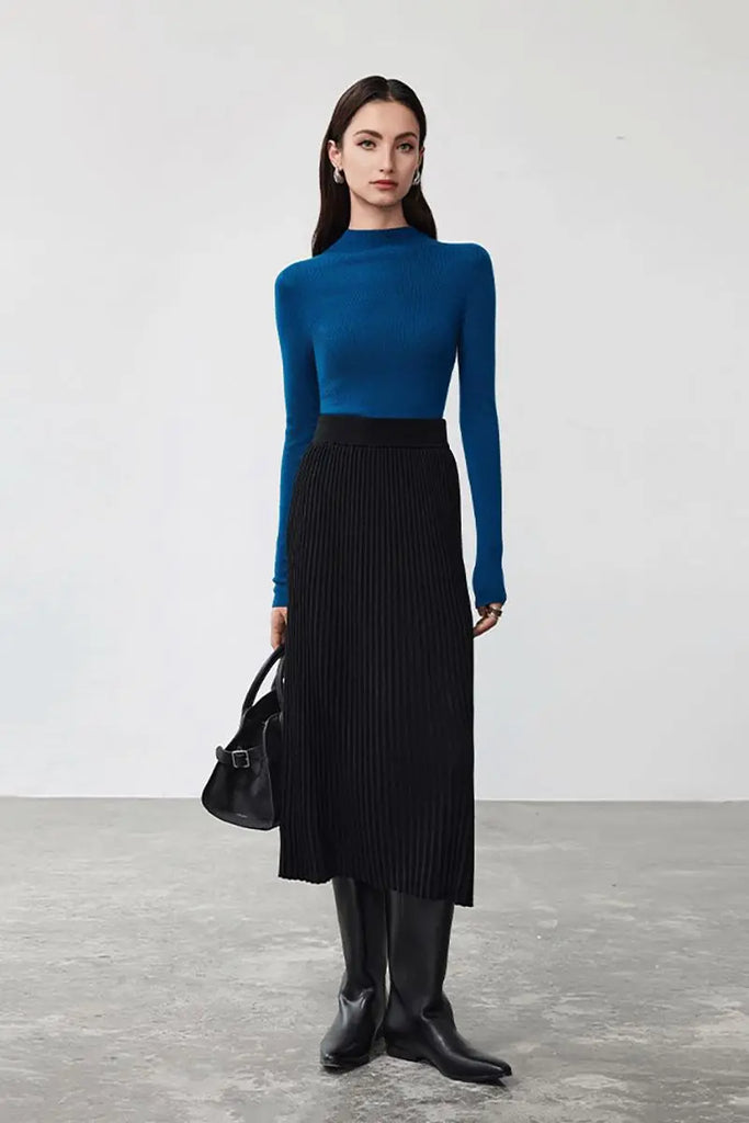 Fibflx Women's Merino Wool Rib Knit Pleated Midi Sweater Skirt