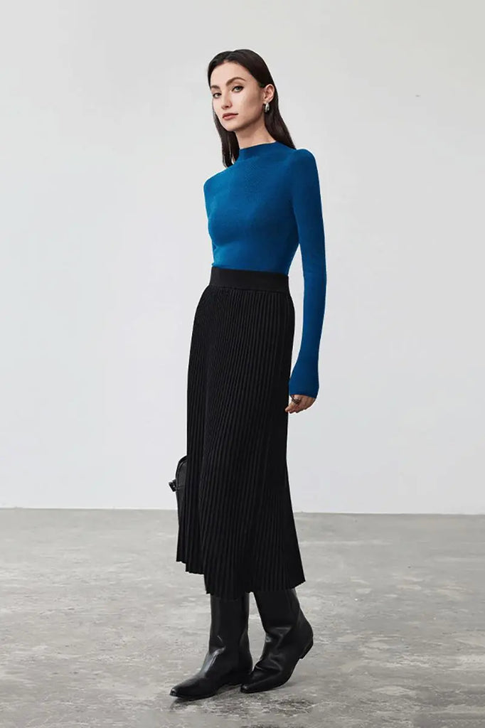 Fibflx Women's Merino Wool Rib Knit Pleated Midi Sweater Skirt