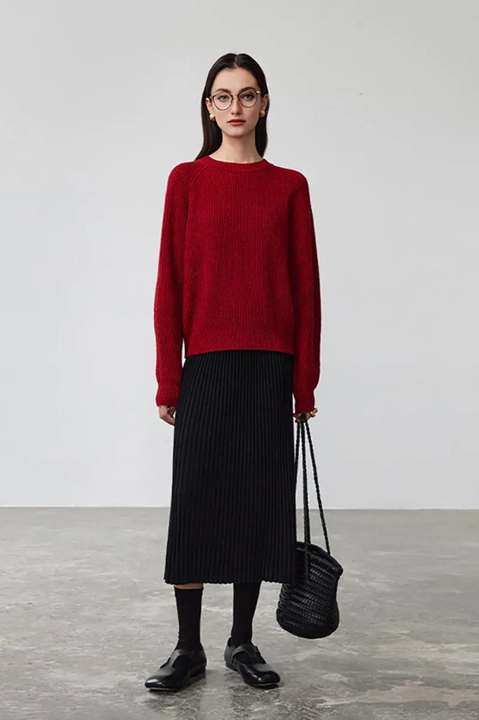 Fibflx Women's Merino Wool Rib Knit Pleated Midi Sweater Skirt