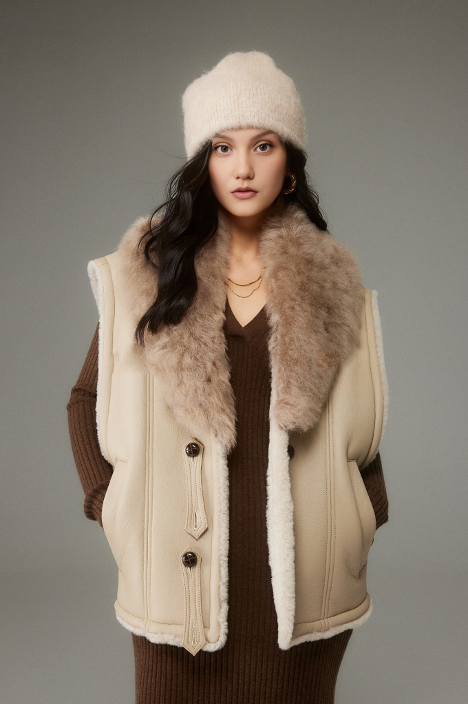 Merino Wool Sheepskin Vest With Fur Collar Fibflx