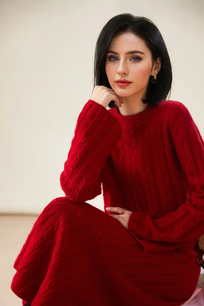 Merino Wool & Cashmere Blend Cable Knit Crewneck Sweater with Flared Sleeve Fibflx