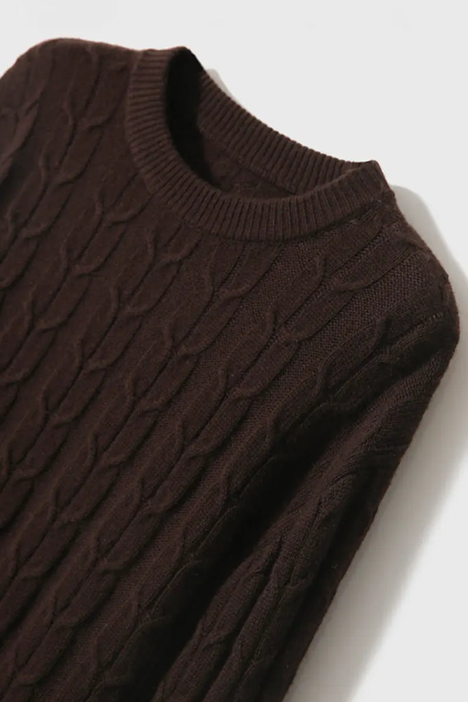 Merino Wool & Cashmere Blend Cable Knit Crewneck Sweater with Flared Sleeve Fibflx